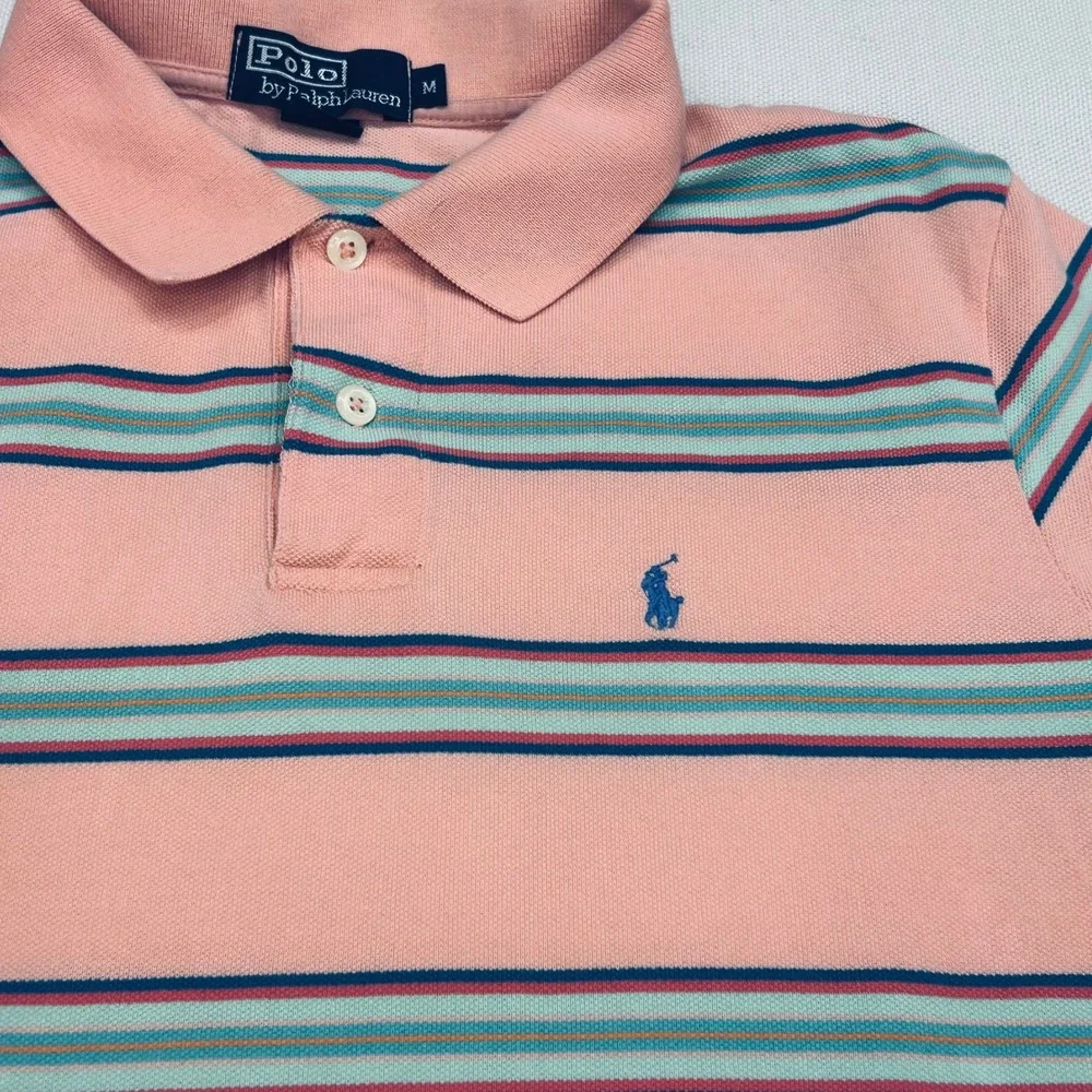 Polo Ralph Lauren Classic Fit Polo Shirt Mens M Salmon Pink Striped Preppy Y2K
